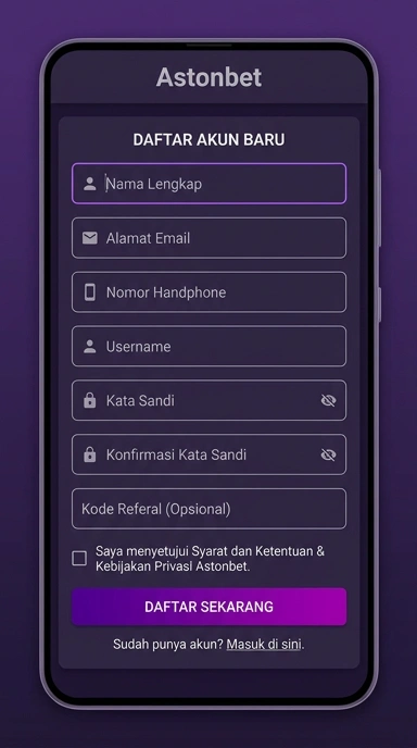 Tampilan halaman daftar astonbet
